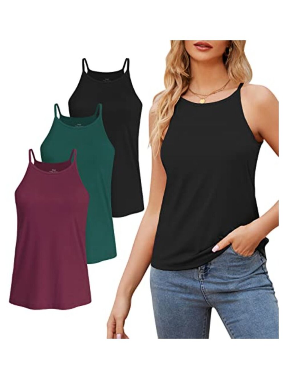 Women's Modal Blend Tank Top Camisole High Neck Loose Fit 3 Pack